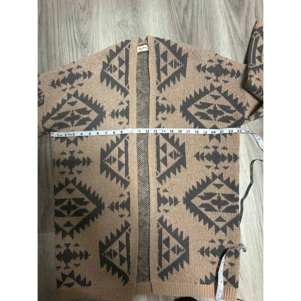 BIBI Women's Geometric Pattern Open‎ Front Cardigan Sweater Tan Gray Size S